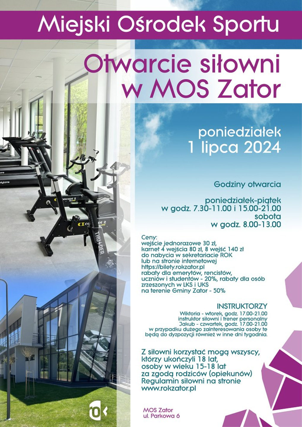 Nowa siłownia Miejskim Ośrodku Sportu (MOS) w Zatorze otwiera się już jutro, 1 lipca. Sprawdź zasady korzystania oraz dostępne zniżki.