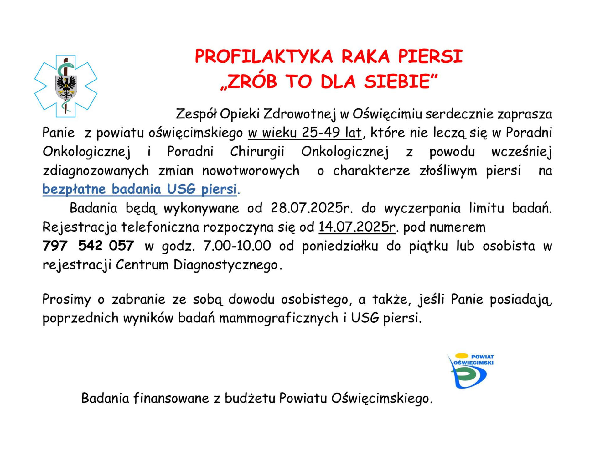 Zespół Opieki Zdrowotnej (ZOZ) w Oświęcimiu zaprasza na bezpłatne USG piersi kobiety z powiatu oświęcimskiego.