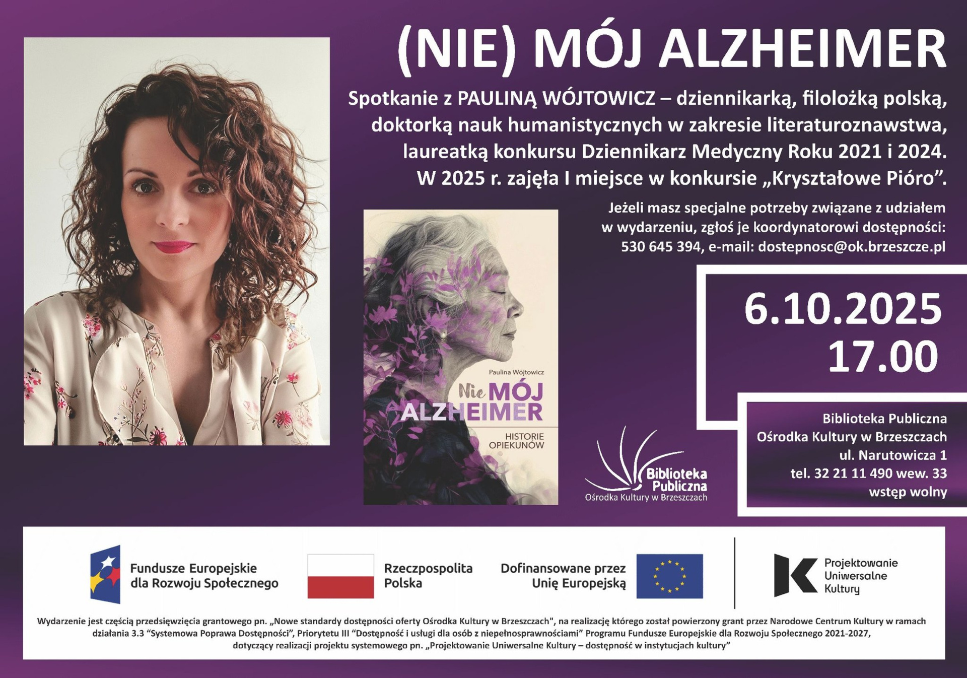 Biblioteka Publiczna w Brzeszczach zaprasza na wyjątkowe spotkanie z Pauliną Wójtowicz, autorką książki „(Nie) mój Alzheimer”.