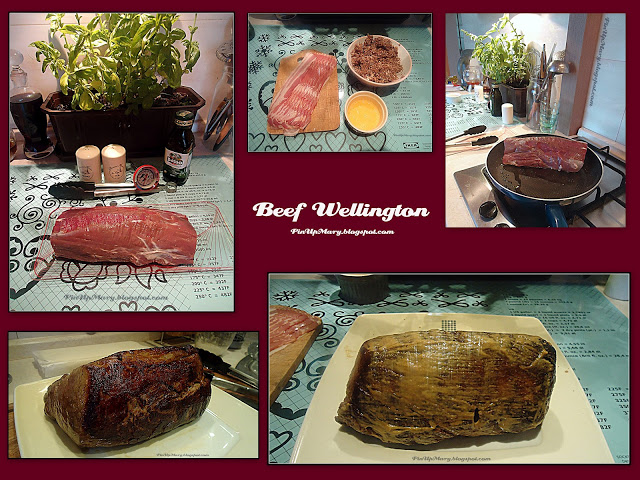  />

<strong>Jak przygotować?</strong>

Wołowinę doprawiamy do smaku solą i pieprzem.

Na mocno rozgrzaną patelnię wlewamy 2 -3 łyżki oliwy z oliwek i kładziemy mięso na patelni. Przypiekamy mięso z każdej strony, około 15 minut. Brzegi powinny się mocno zrumienić i być lekko chrupiące.

Ściągamy mięso z patelni i gdy lekko przestygnie nacieramy musztardą angielską. Wkładamy do lodówki na 20 minut.

Grzyby siekamy na mniejsze kawałeczki i wrzucamy razem z cebula do blendera. Rozdrabniamy (nie na pastę) mieszając co chwilę zawartość aby wszystkie kawałki były rozdrobnione ale nie stworzyły mokrej papki. Rozdrobniona masę przekładamy na suchą patelnię i przesmażamy przez 8-10 minut.

Na elastycznej spożywczej folii układamy plasterki boczku, a następnie rozprowadzamy równa warstwę grzybów. Kładziemy polędwicę i zawijamy dokładnie, skręcając mocno ściśle boki i wkładamy w foli do lodówki na 20 minut.</p>
<p><img src=