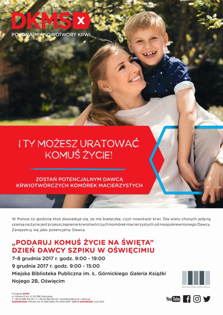 W dniach 7-9 grudnia czwarty raz Galeria Książki w Oświęcimiu organizuje Dni Dawcy Szpiku, podczas których można się zarejestrować jako dawca szpiku kostnego. 