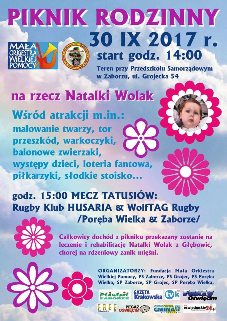 W sobotę 30 września odbędzie się kolejny piknik rodzinny dla Natalki Wolak, chorej na rdzeniowy zanik mięśni. Start o godzinie w Przedszkolu Samorządowym w Zaborzu.