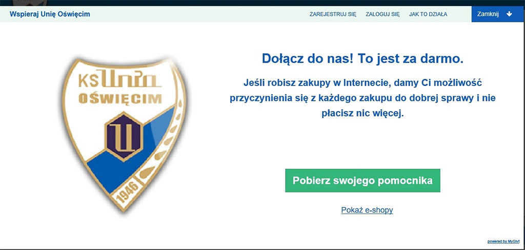 Klub Sportowy Unia Oświęcim przyłączył się do projektu MyGivt. Na stronie unia-oswiecim.pl znajduje się pasek z napisem "Wspieraj Unię Oświęcim".