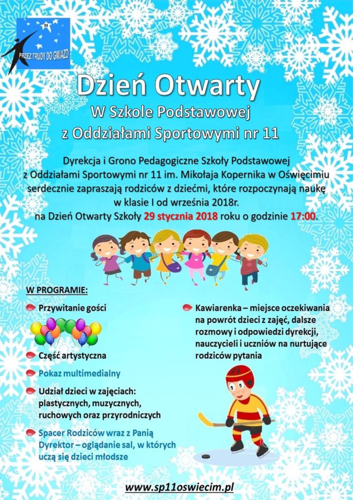 Szkoła Podstawowa nr 11 im. Mikołaja Kopernika w Oświęcimiu zaprasza na Dzień Otwarty w poniedziałek 29 stycznia o godzinie 17.