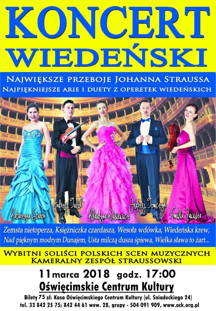 Przeboje Johanna Straussa, króla walca, czyli popisowe arie z najsłynniejszych operetek - "Zemsta nietoperza", "Baron cygański", "Wesoła wdówka", "Księżniczka czardasza" oraz "Kraina uśmiechu" będzie można usłyszeć w Oświęcimskim Centrum Kultury.