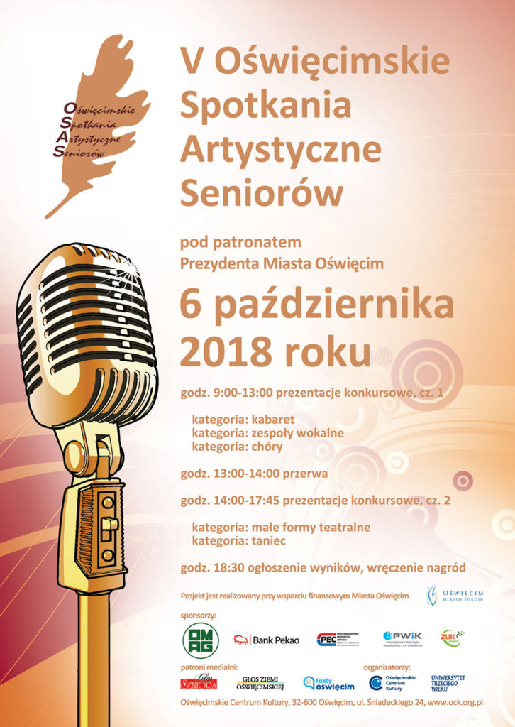 V Oświęcimskie Spotkania Artystyczne Seniorów rozpoczną się w tym roku w sobotę 6 października o godzinie 9. Do Oświęcimskiego Centrum Kultury zjadą się grupy seniorów z całej Polski.