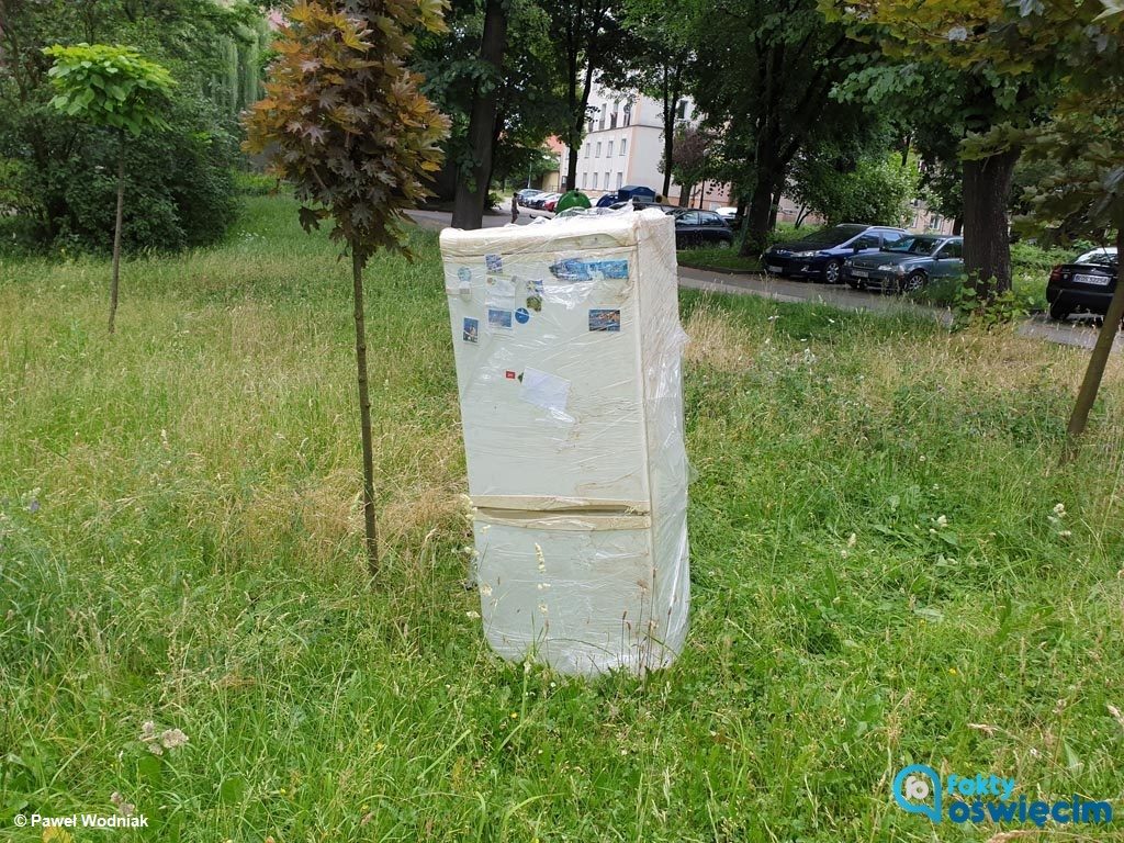 Idąc ulica Kopernika zobaczyliśmy na trawniku lodówkę i ślady kół. Uznaliśmy, że ktoś w ten sposób pozbył się lodówki. Historia urządzenia była jednak inna…