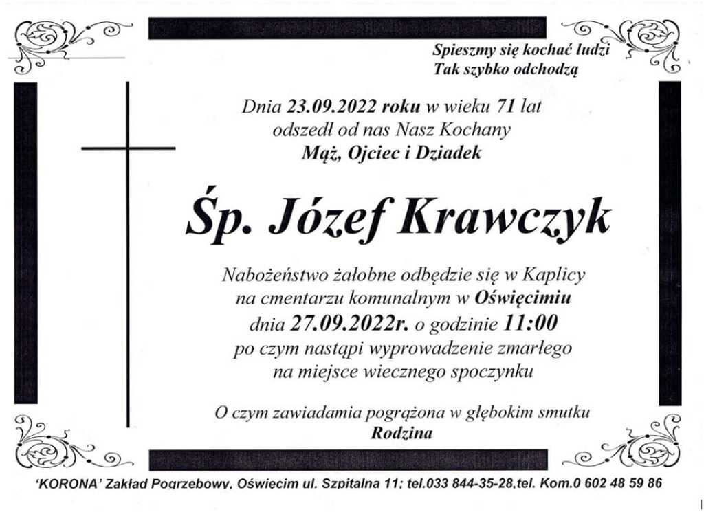 Zmarły w piątek Józef Krawczyk, były prezydent Oświęcimia i były starosta oświęcimski, we wtorek spocznie na cmentarzu komunalnym.