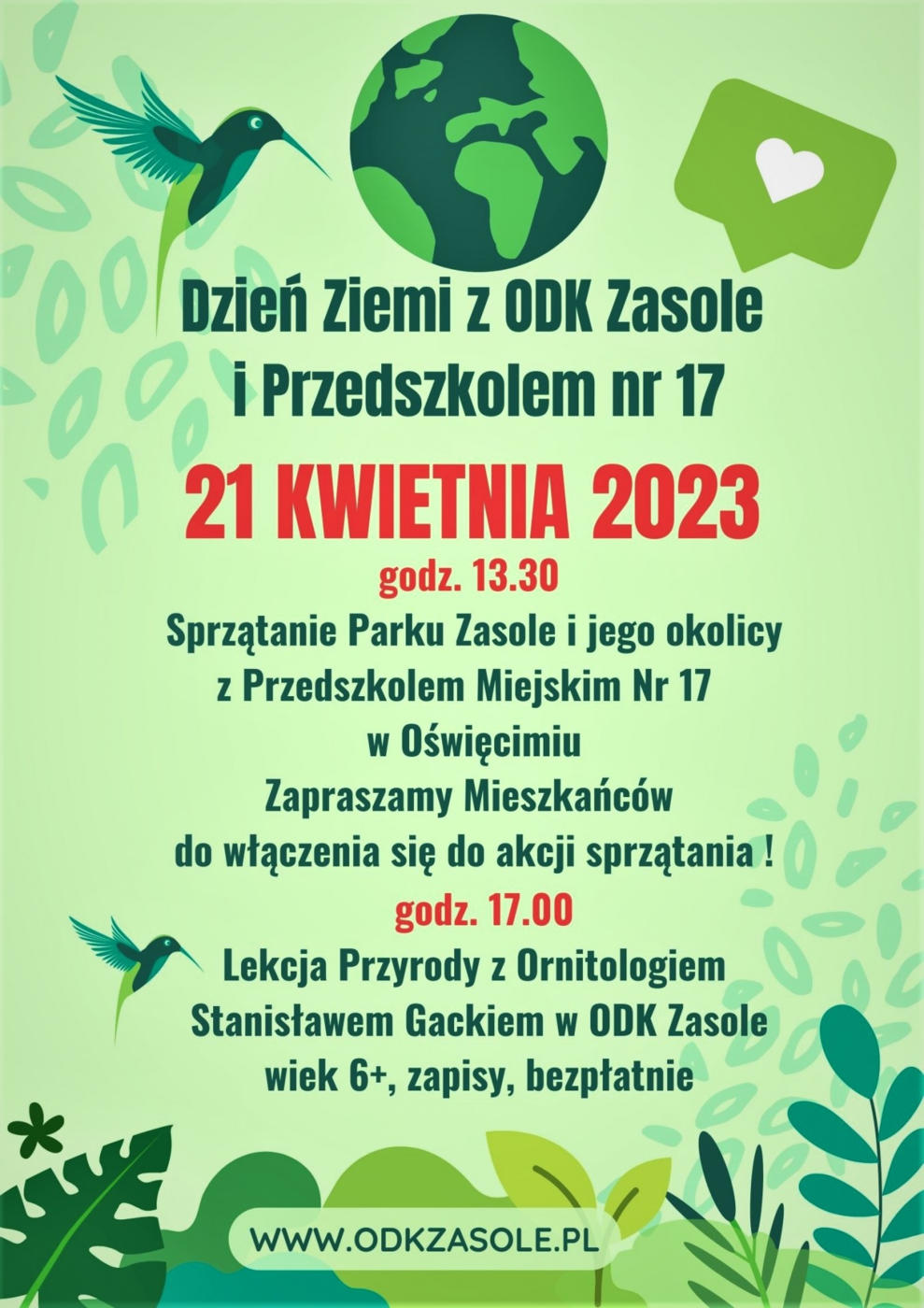 Osiedlowy Dom Kultury Zasole zaprasza na Dzień Ziemi z przedszkolem nr 17. 21 kwietnia będzie można wspólnie sprzątać park Zasole i okolice.