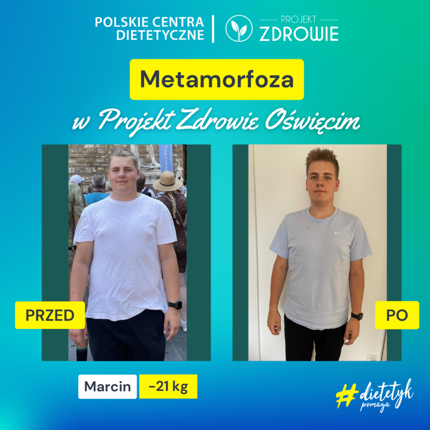 Marcin w ostatnich miesiącach, podczas współpracy z dietetykiem z Projekt Zdrowie Oświęcim schudł ponad 20 kg. 